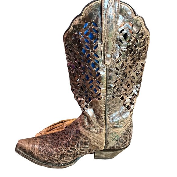 Dan Post Women's SIze 7M Brown Distressed Open Lattice Type Design Cowboy Boots - Picture 3 of 10